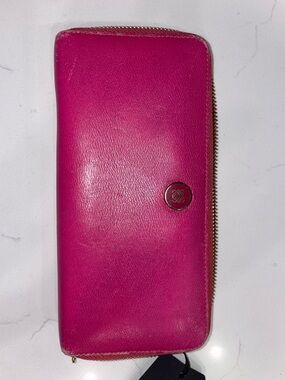 VINTAGE Loewe Hot Pink Zip-Around Leather Wallet with Gold logo Button W/ COA